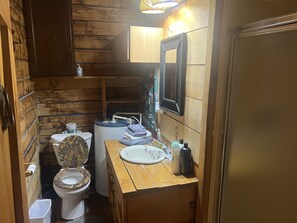 Regadera, toallas, papel de baño