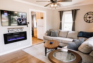 Smart TV, fireplace, foosball