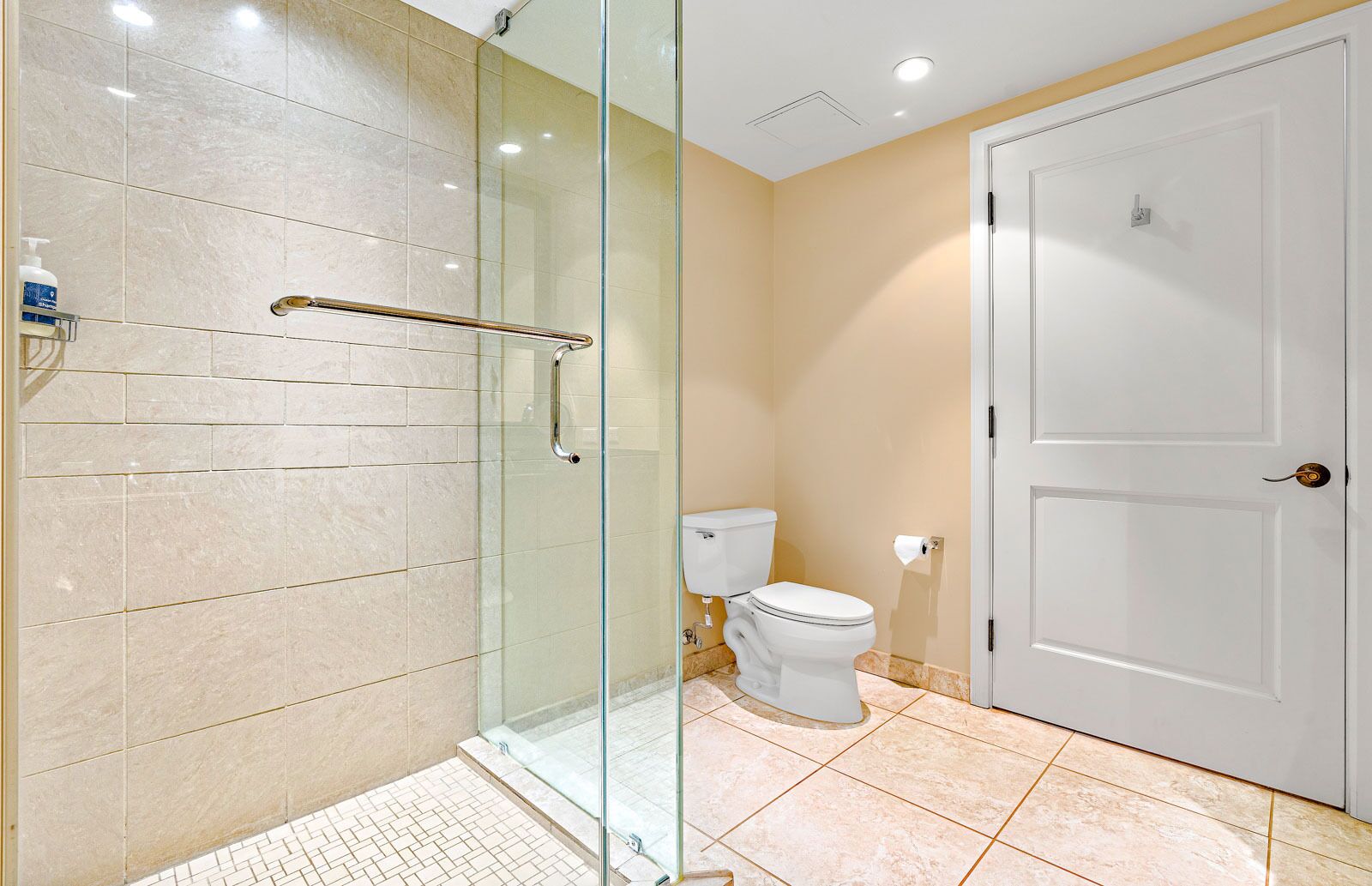 Un bagno con cabina doccia in vetro, un water e una porta bianca.