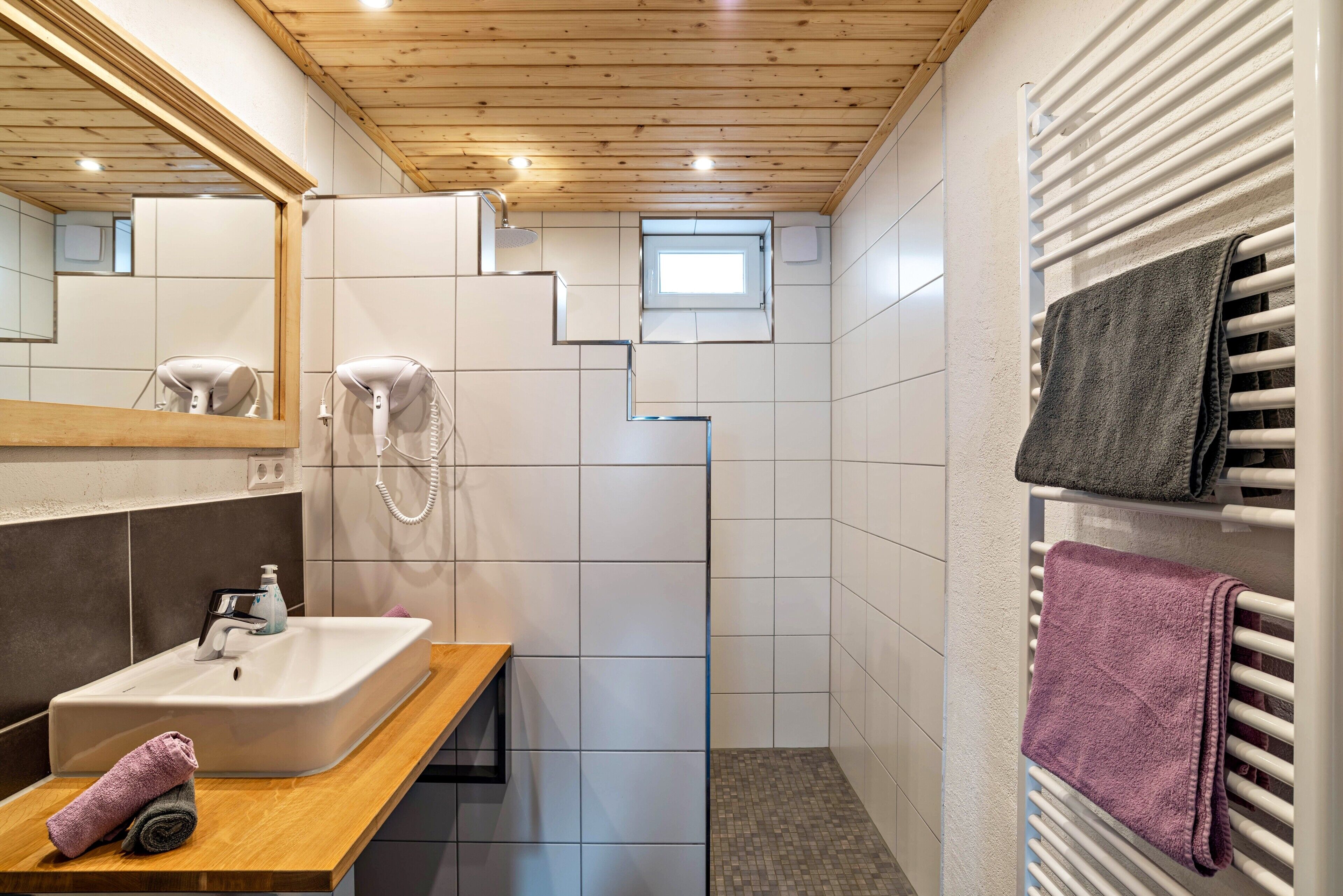 Shower, hair dryer, towels