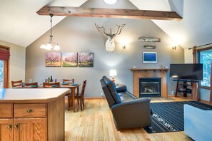 Televisión, chimenea, reproductor de DVD y videoteca