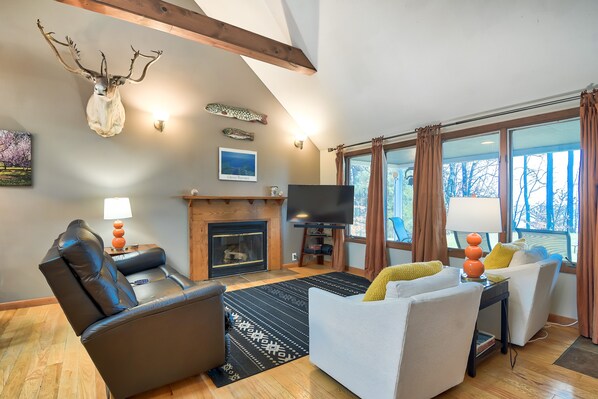 Televisión, chimenea, reproductor de DVD y videoteca