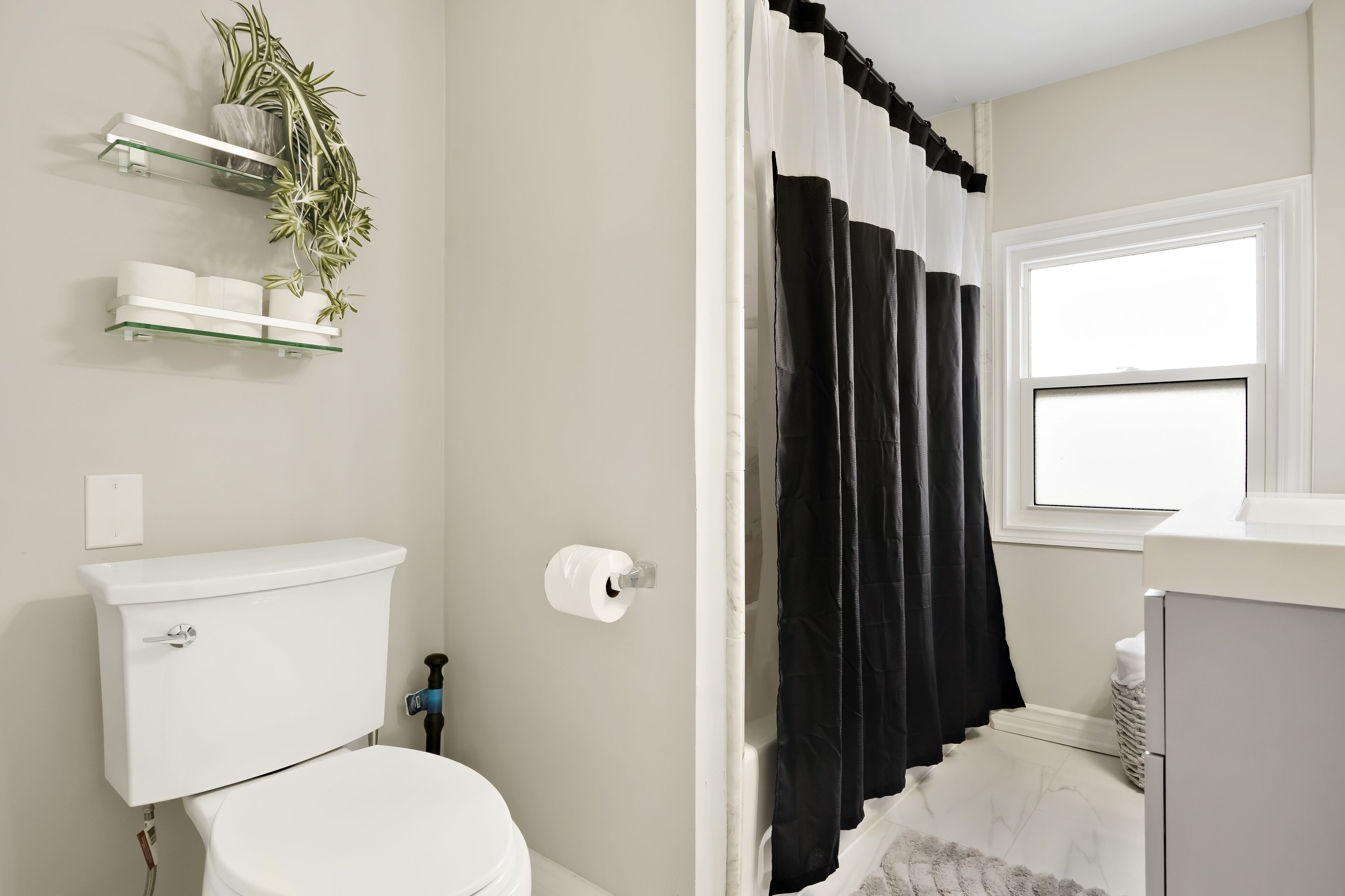 A bathroom with a toilet, a glass shelf with plants, a black shower curtain, and a window.