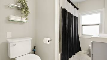 A bathroom with a toilet, a glass shelf with plants, a black shower curtain, and a window.