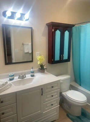 Hair dryer, towels, soap, shampoo