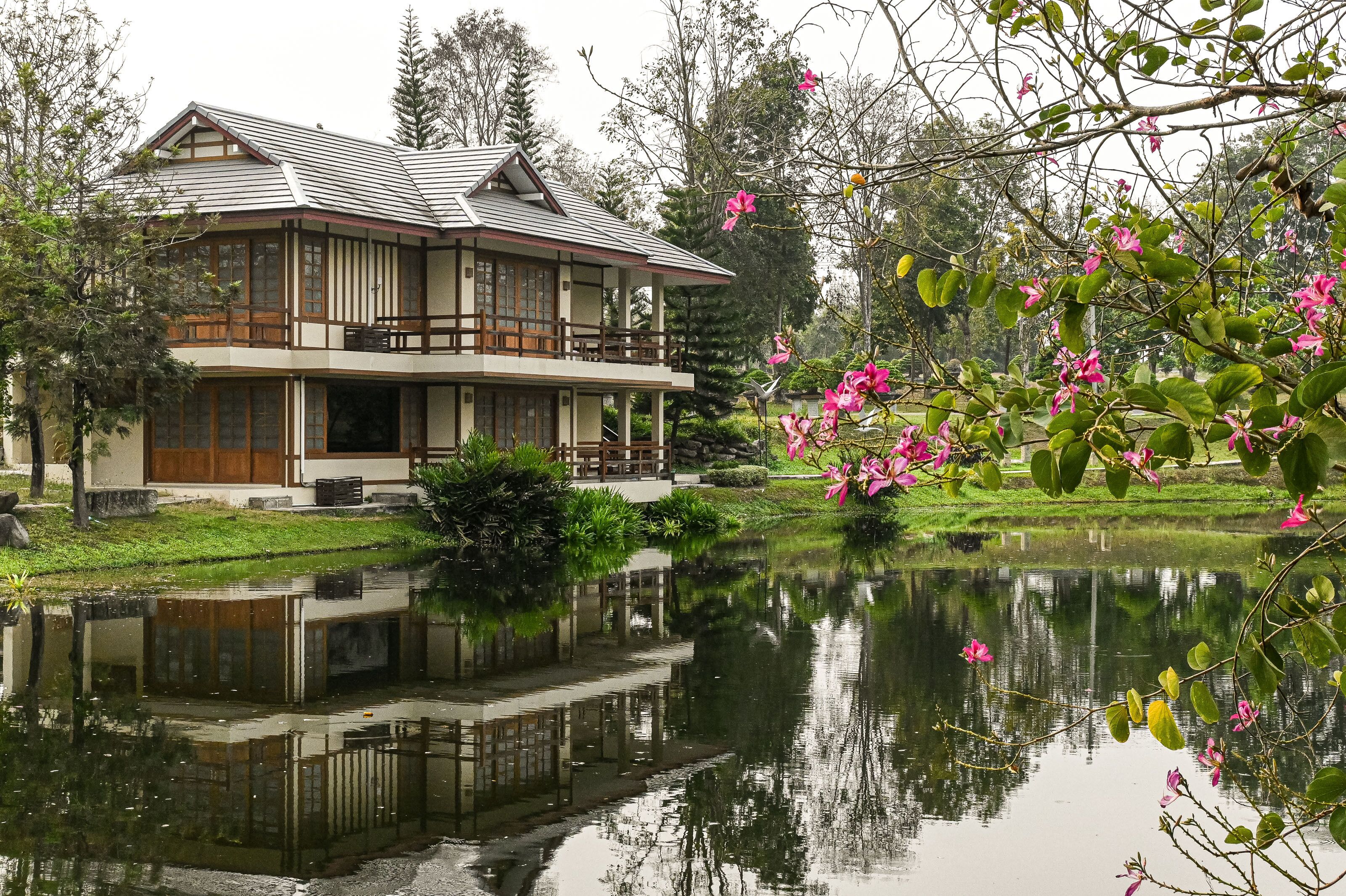 A two-story house with a balcony, a pond in front, and pink flowers in the foreground.