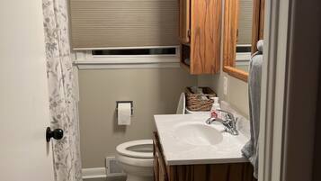 Hair dryer, towels, soap, shampoo