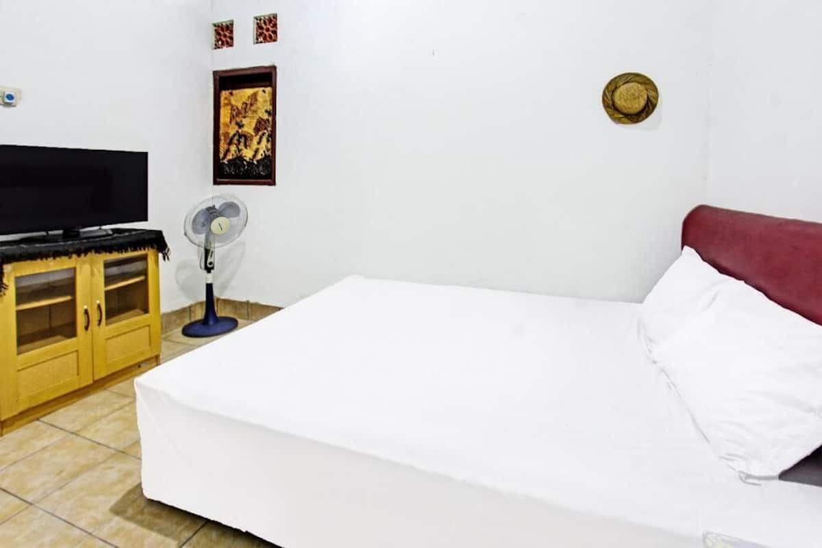 Una habitación con cama, televisión, ventilador y un armario de madera.