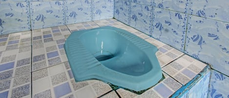 Quarto casal econômico | Banheiro | Chuveiro, toalhas de banho, papel higiênico