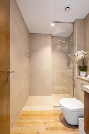 A modern bathroom with a glass-enclosed shower, a white toilet, and a wooden floor.