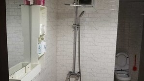 A bathroom with a white sink, a mirror, a shower with a handheld showerhead, and a toilet. - Lovely spacious and quiet small budget Room is located in the Center of AbuDhabi (AbuDhabi)