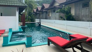 Outdoor pool, pool umbrellas, pool loungers