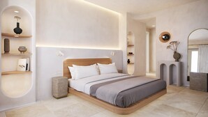Une chambre moderne dotée d’un grand lit, d’étagères intégrées et d’un design minimaliste.
