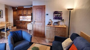 Un espace de vie compact comprenant une cuisine, un coin repas et un espace détente avec deux canapés.