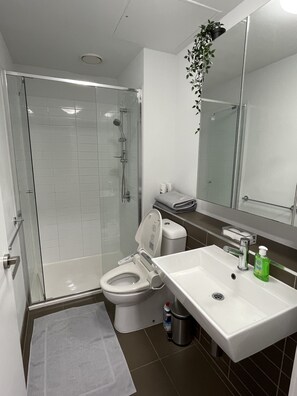Appartement Prestige | Salle de bain | Douche, douche cascade, séchoir à cheveux, bidet