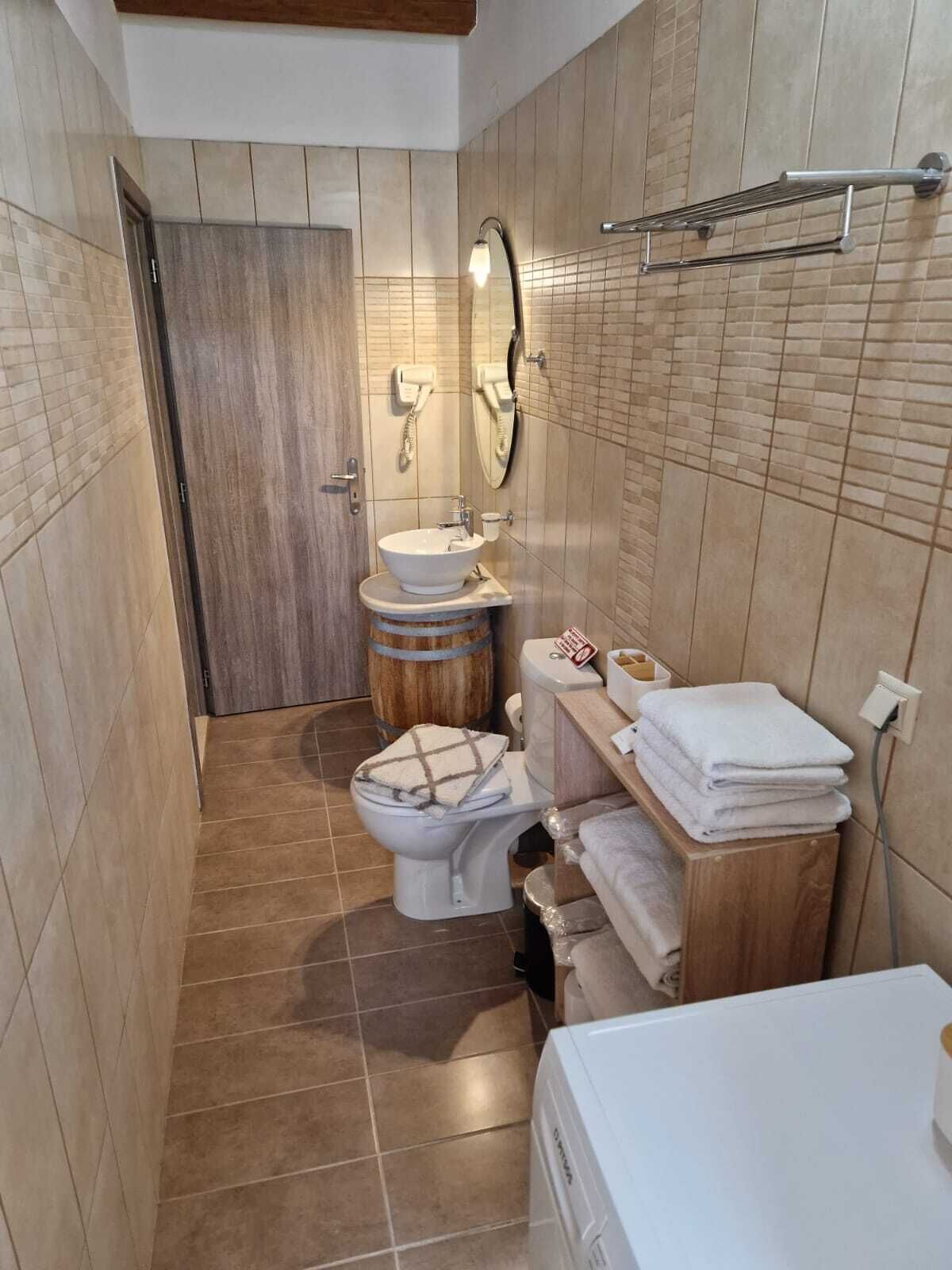 Ett litet badrum med toalett, handfat och ett litet tvättställ med en handdukshängare.