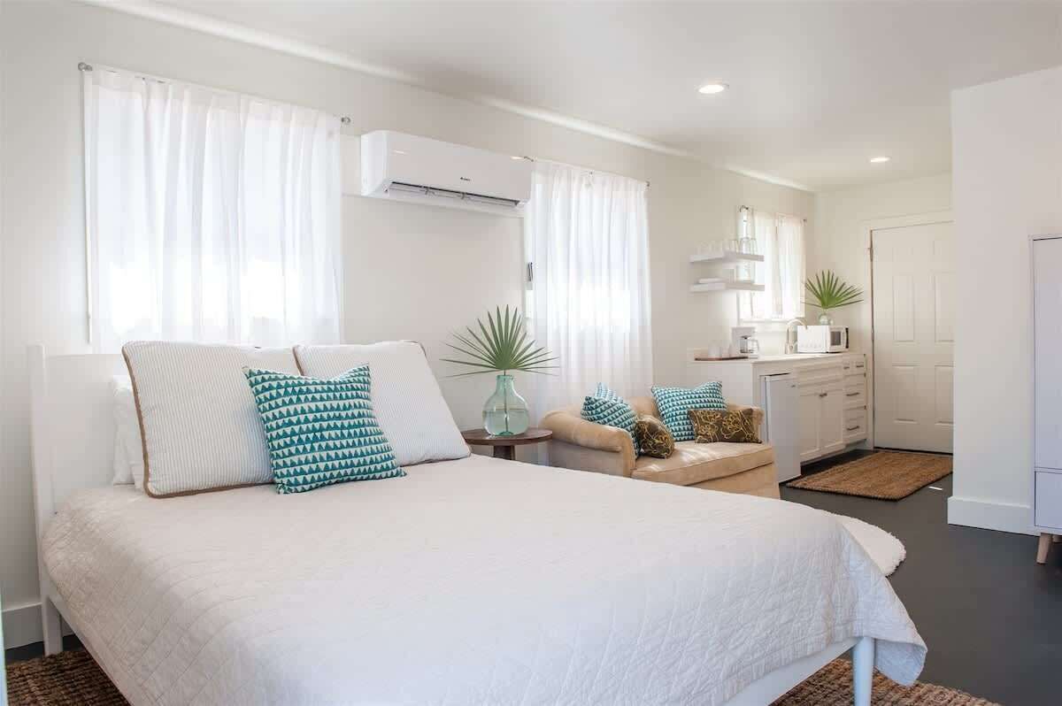 Une chambre comprenant un lit, un canapé, une petite table avec une plante, un appareil de climatisation et un coin cuisine.