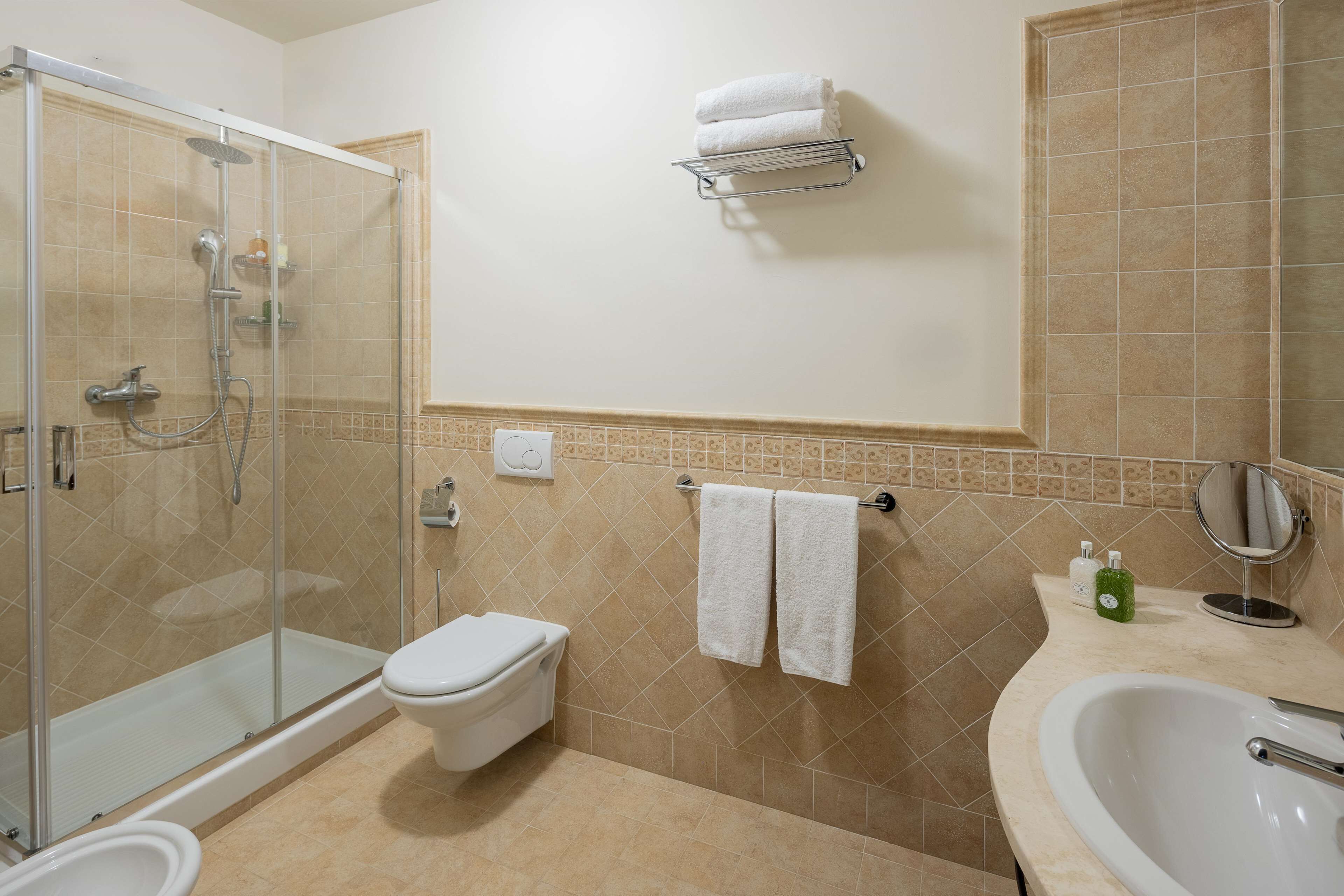 A bathroom with a glass-enclosed shower, a toilet, a sink, and a mirror.