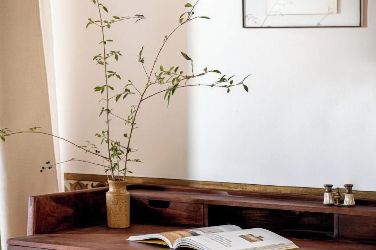 A wooden desk with a vase of green plants, an open magazine, and brass salt and pepper shakers.