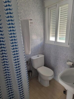 Shower, towels, soap, toilet paper
