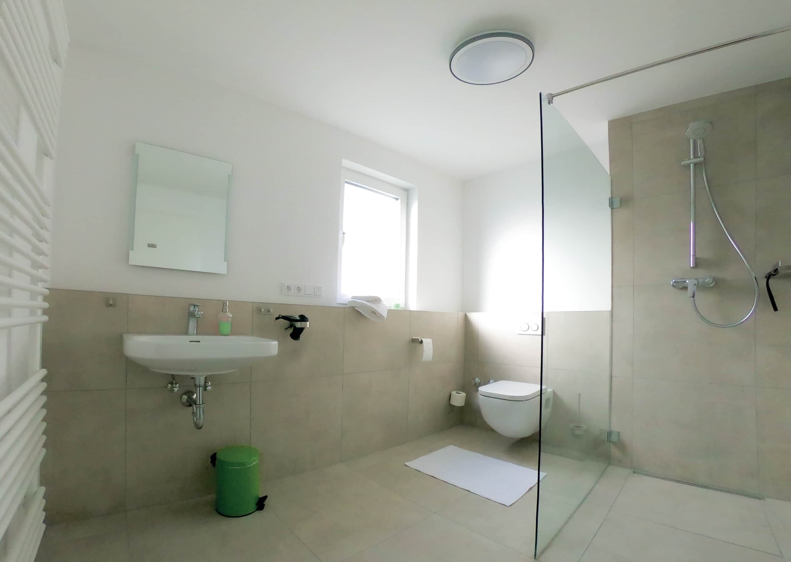Une salle de bain moderne avec une douche à parois de verre, un lavabo, des toilettes et un miroir.