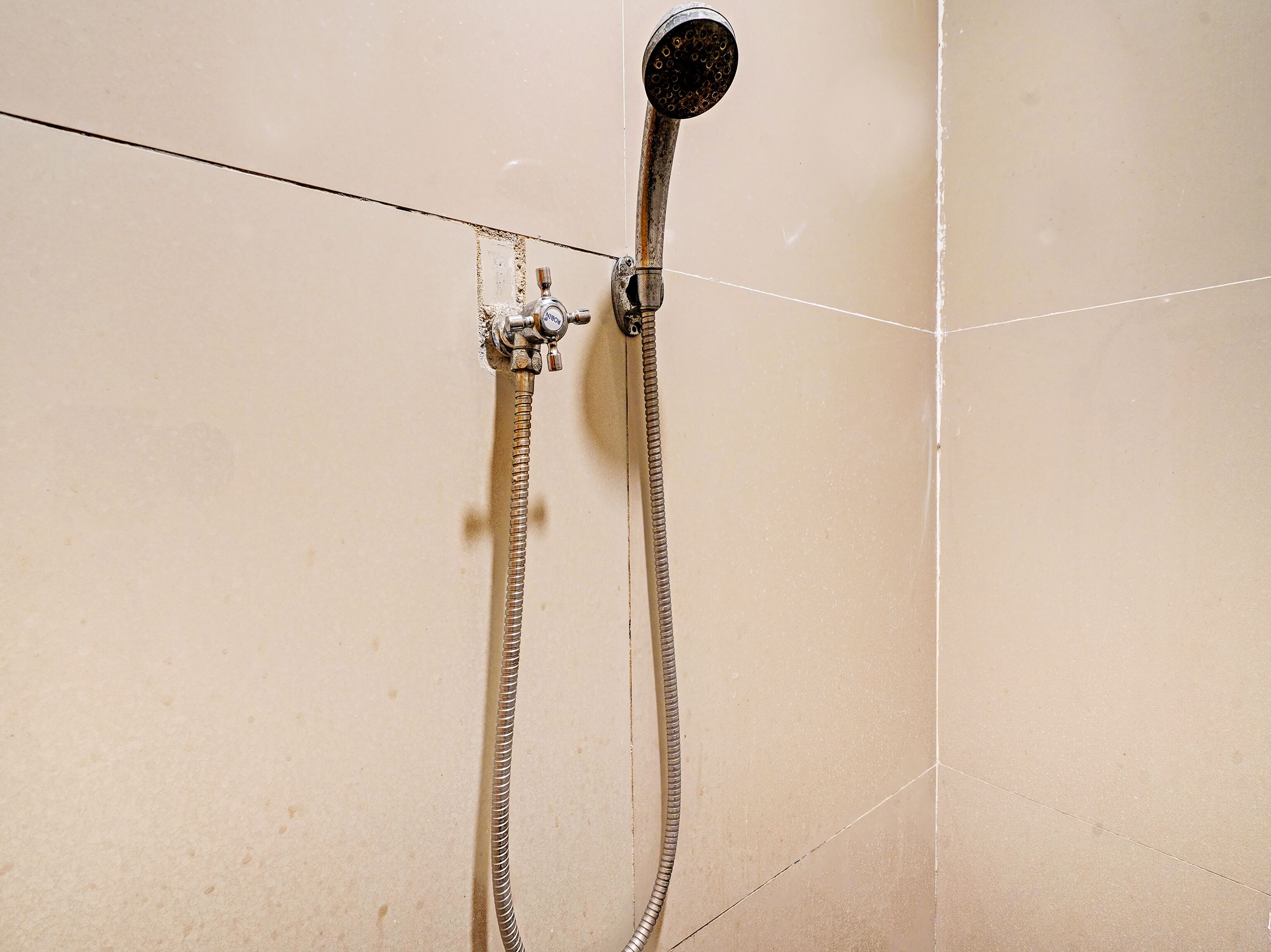 Shower, rainfall showerhead, towels, toilet paper