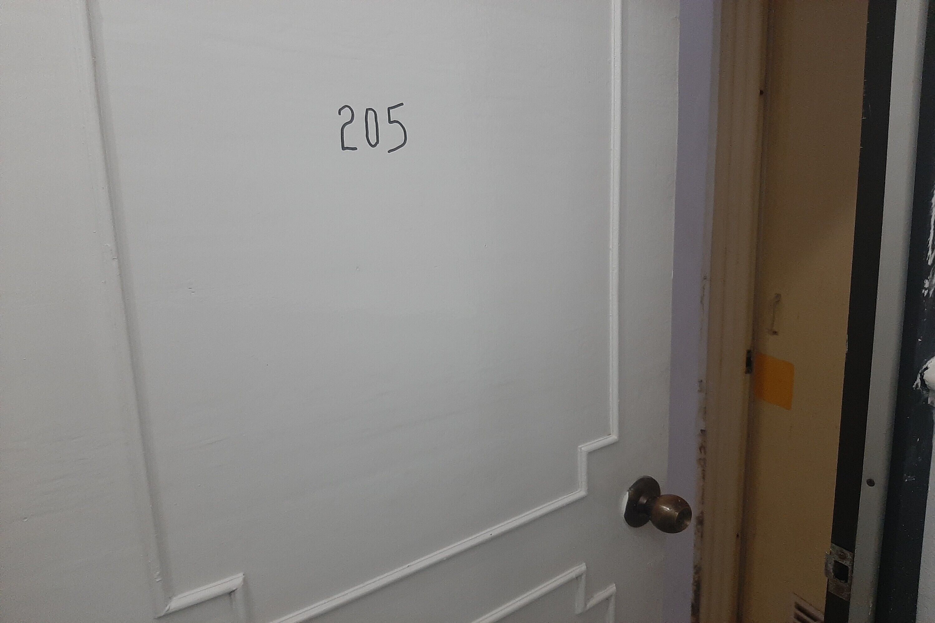 A white door with the number 205.