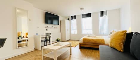 1 bedroom, desk, iron/ironing board, travel cot
