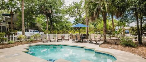 A swimming pool with a white fence, lounge chairs, and a palm tree.