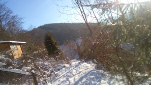 Escape to a serene winter wonderland amidst snow-covered trees and a cozy cabin nestled among the hills.