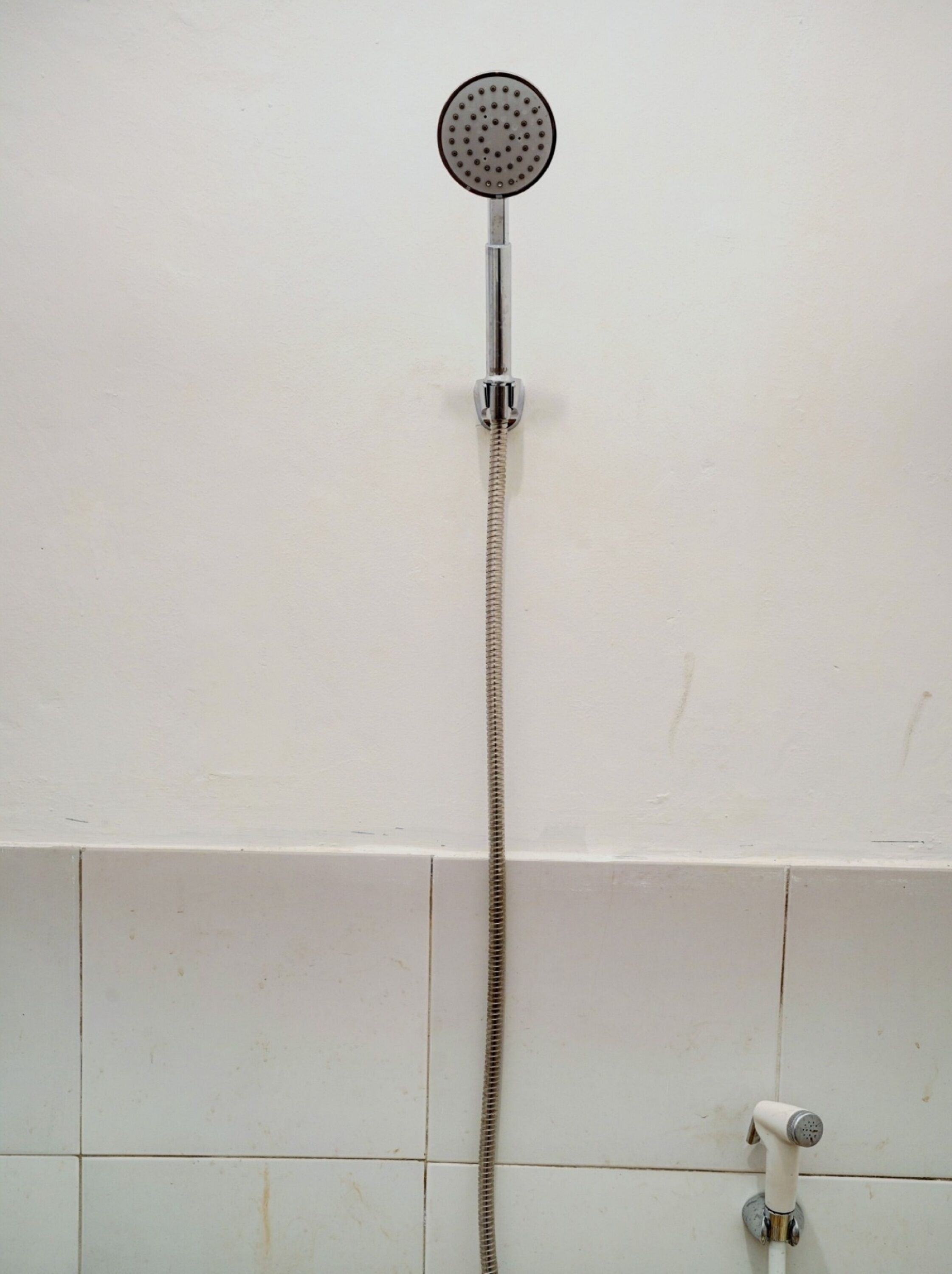A shower with a handheld head and a flexible hose.