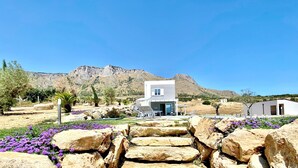 A modern building with a pool and outdoor seating, surrounded by rocks and purple flowers, with mountains in the background. - Dama dei Venti 6 2 (Castellammare del Golfo)