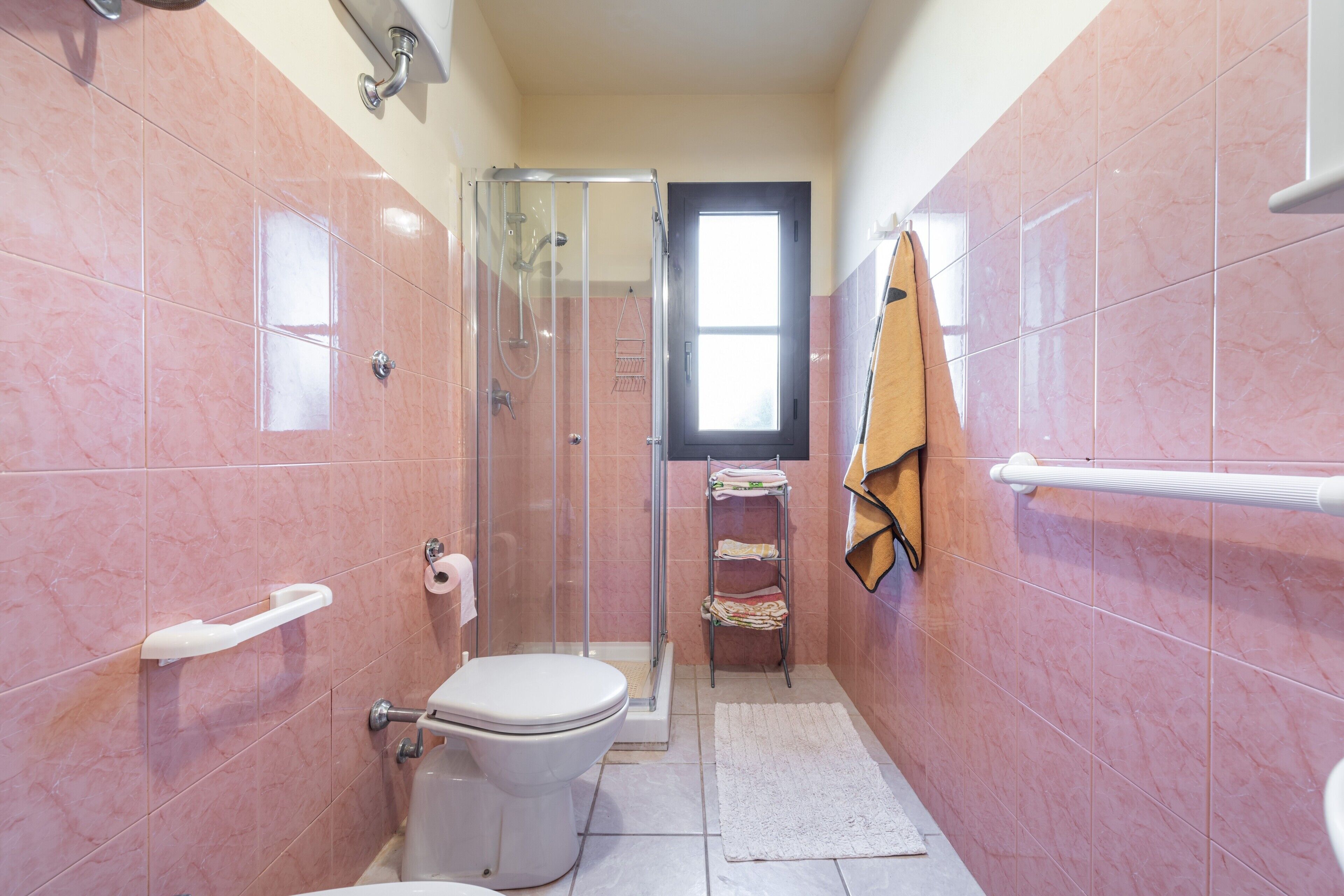 Ein Badezimmer mit Toilette, Dusche und Handtuchhalter.
