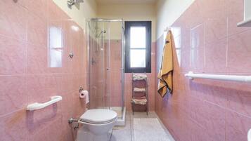 Ein Badezimmer mit Toilette, Dusche und Handtuchhalter.