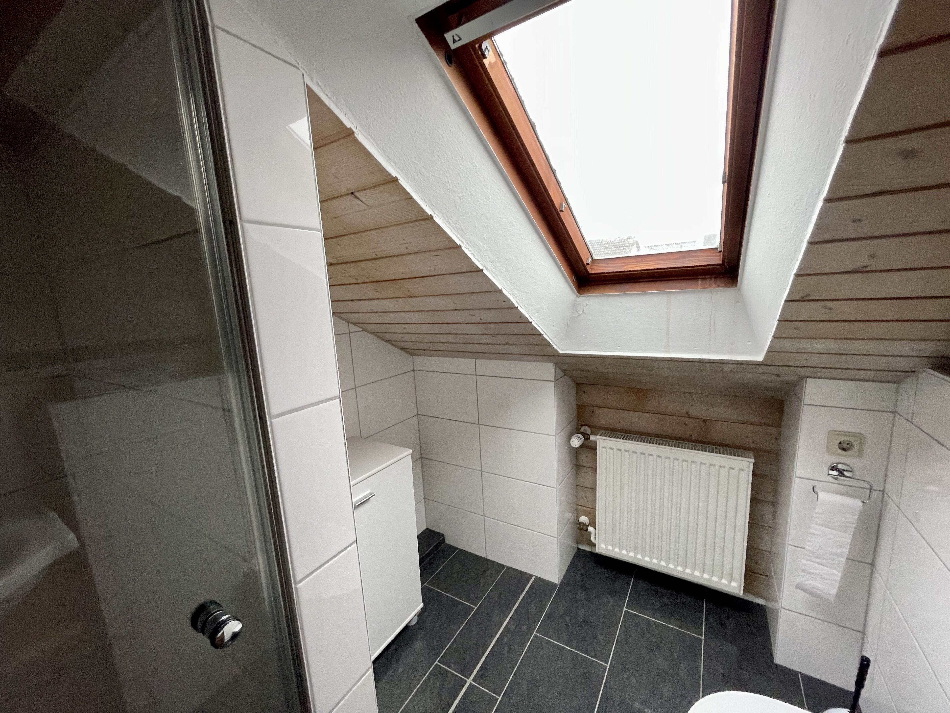 Dusche, Haartrockner, Handtücher, Toilettenpapier