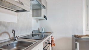 Eine moderne Küche mit Spüle aus Edelstahl, integriertem Herd und kompaktem Kühlschrank.