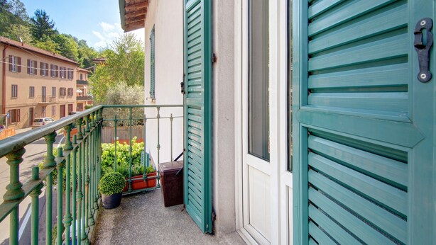 En balkon med gelænder, en potteplante og en dør med grønne skodder.