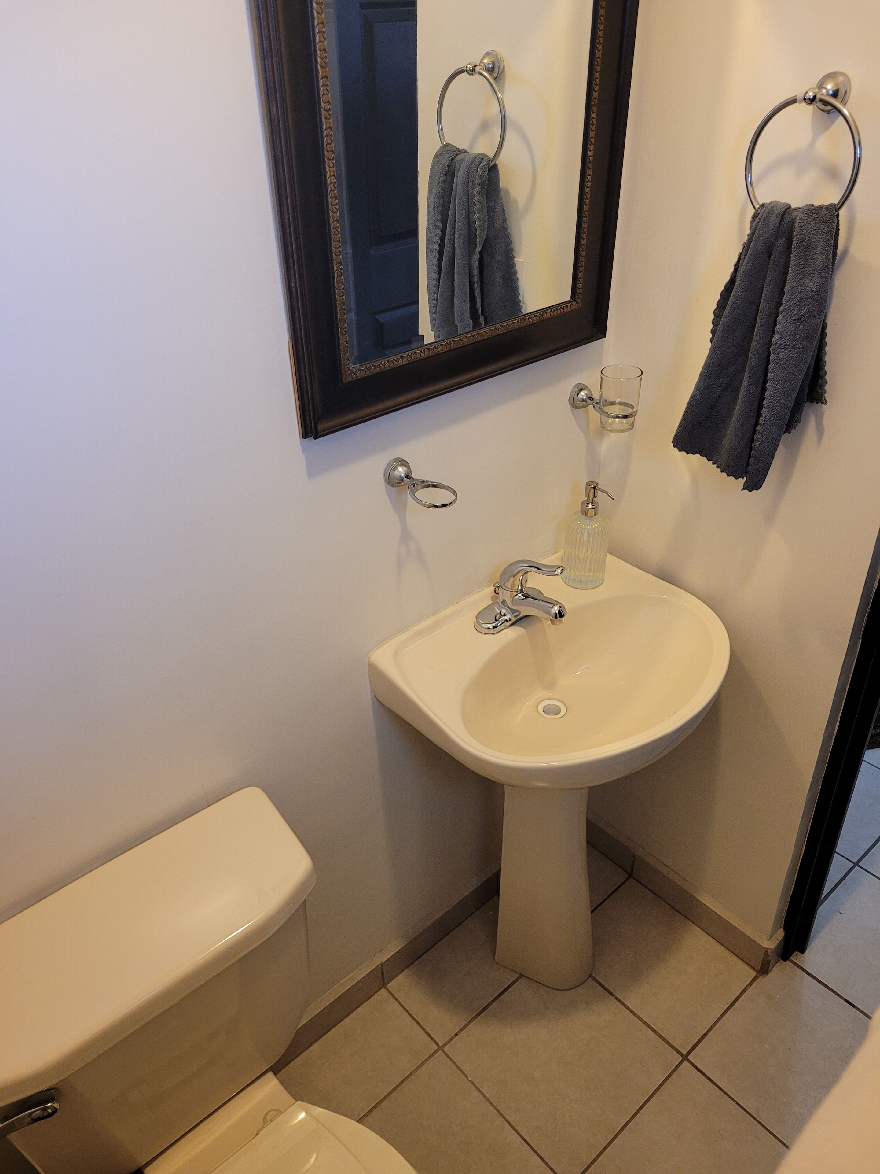 A bathroom with a white sink, a mirror, a towel ring, and a toilet.