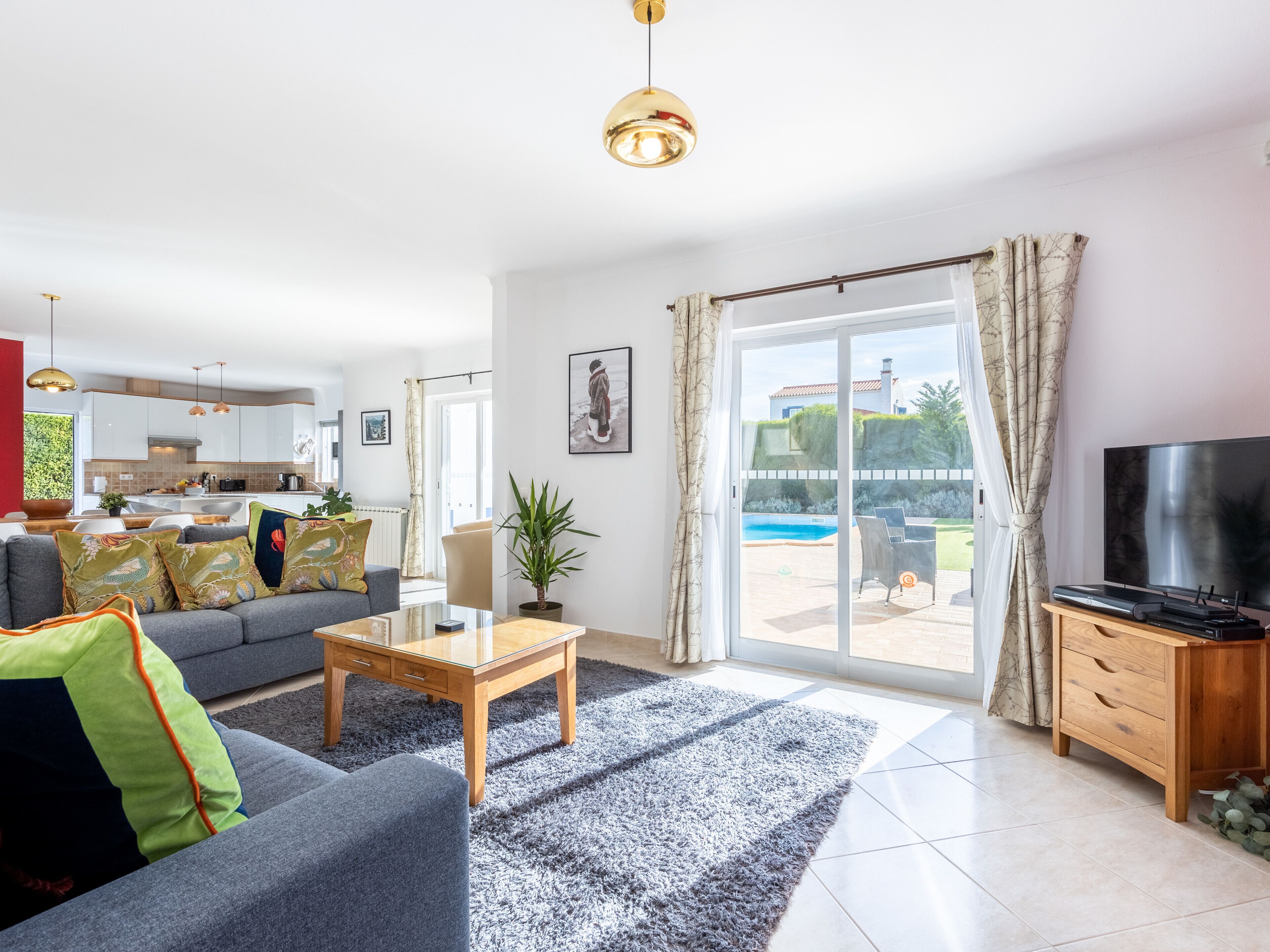 TV, fireplace, books