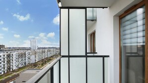 Un balcon donnant sur un quartier résidentiel, une porte vitrée et une fenêtre avec des stores.
