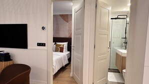 Camera d'albergo con un letto, una scrivania, una sedia, una TV e un bagno con doccia e WC.
