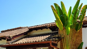 Una casa tradicional con techo de tejas, puerta de madera y pared de piedra.
