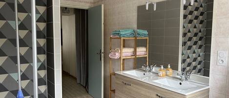 Shower, hair dryer, soap