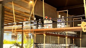 A bar area with shelves of glasses and bottles, a coffee machine, and potted plants. - Flat I 002 Villas Manatee Patacho - AL (Porto de Pedras)