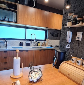 Apartment | Private kitchen | Full-sized fridge, microwave, oven, stovetop
