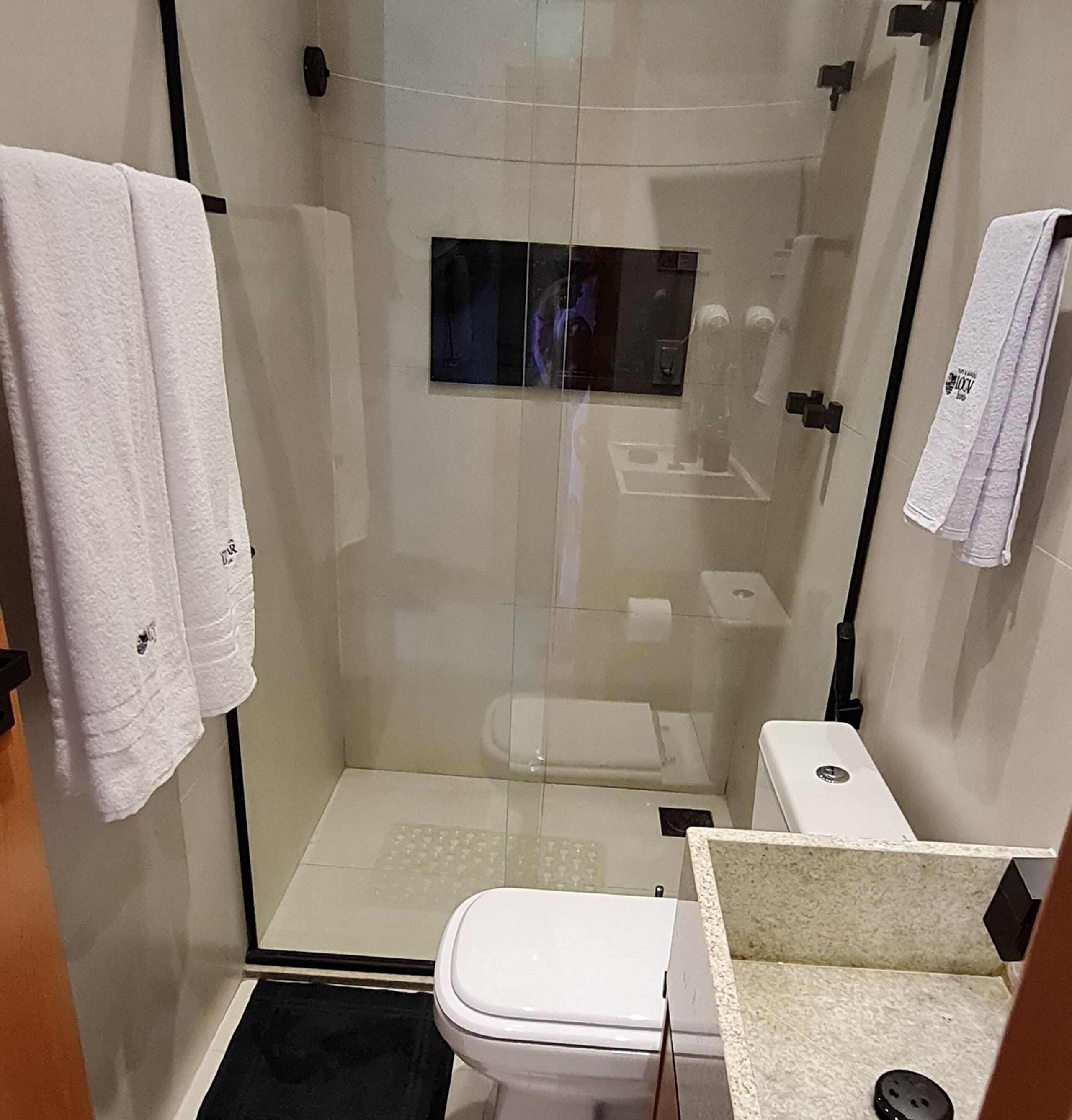 A modern bathroom with a glass-enclosed shower, a toilet, and a sink area.