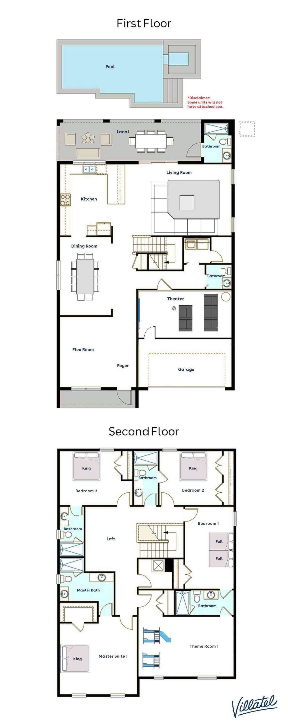 A hotel floor plan with a pool, lanai, kitchen, dining room, living room, theater, flex room, foyer, and garage on the first floor, and three bedrooms, master suite, master bath, and theme room on the second floor.