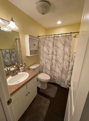 Une salle de bain avec un rideau de douche en marbre, des toilettes blanches, un lavabo avec un miroir et un meuble de rangement.