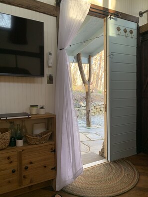 A room with a wooden dresser, a flat-screen TV, a white curtain, a stone pathway outside, and a wooden door. - Tiny House, Big Views near Asheville (Candler)