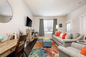 Smart TV, fireplace, video games, DVD player